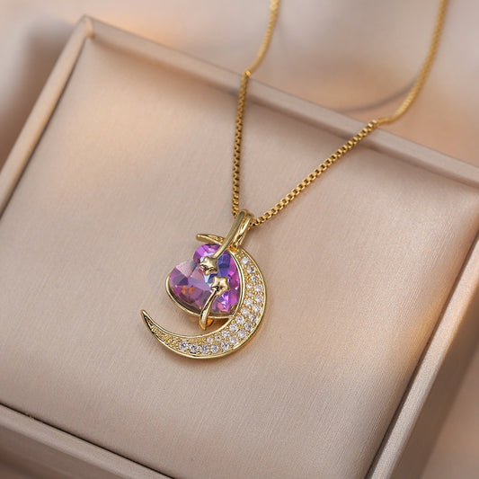 Titanium Steel Color Retaining Star And Moon With Stylish Pendant Necklace