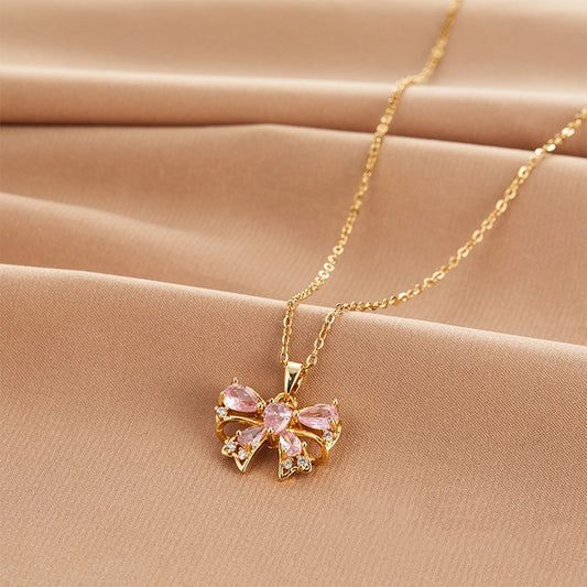 New Bow Necklace Women's High-grade All-match Inlaid Zircon Hanging