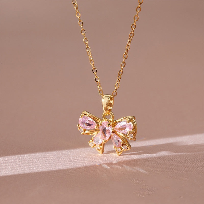 New Bow Necklace Women's High-grade All-match Inlaid Zircon Hanging